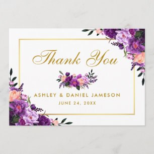 Gold Purple Ultra Violet Floral Wedding Thank You Card