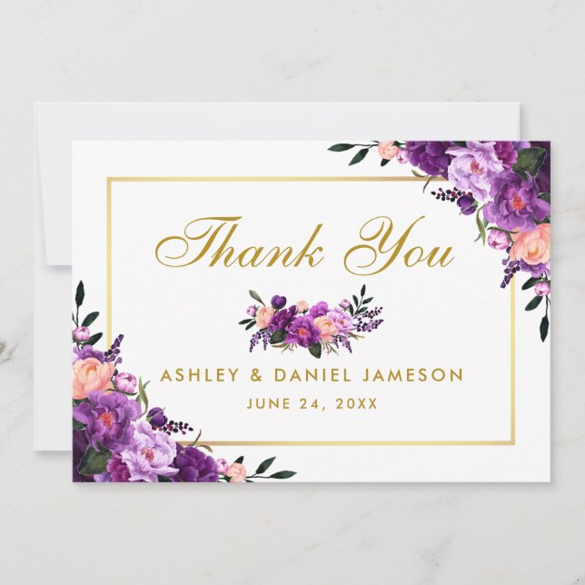 Gold Purple Ultra Violet Floral Wedding Thank You Card (Front)