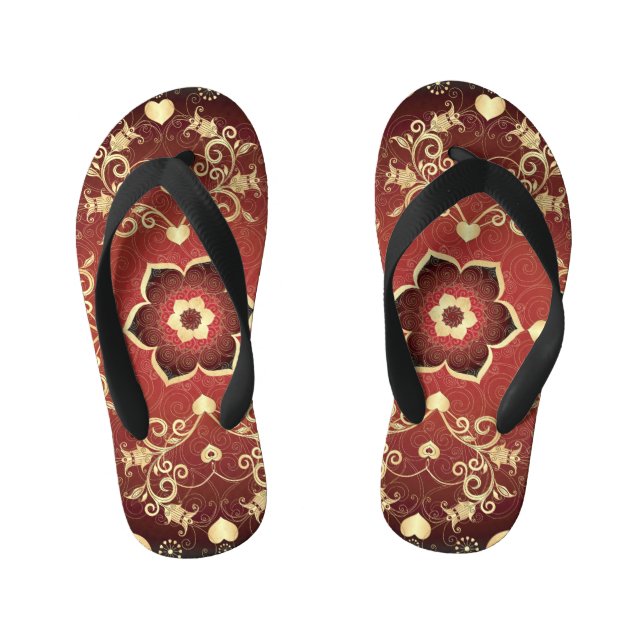 Gold-Purple Valentine Round Frame Kid's Flip Flops (Footbed)