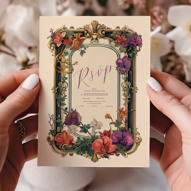 Gold Purple Vintage Floral Wedding RSVP Card (Creator Uploaded)
