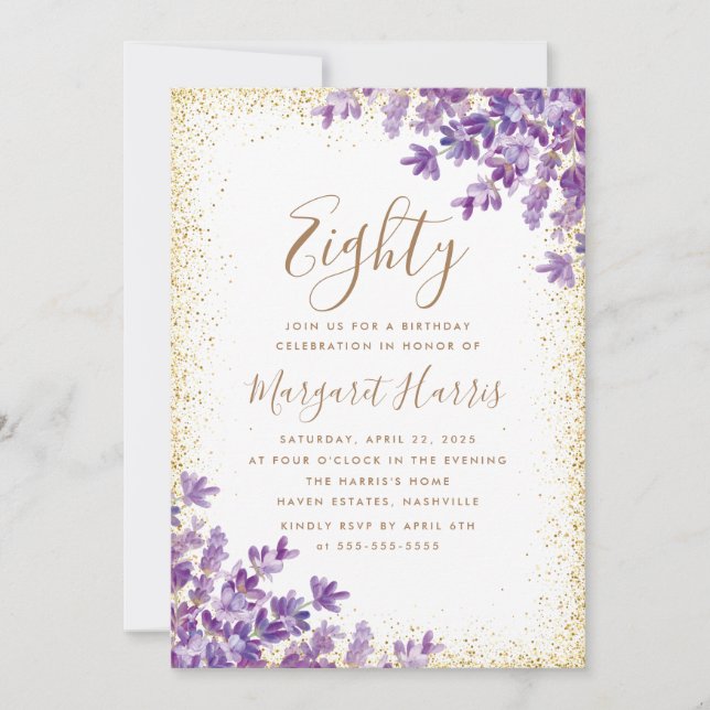 Gold Purple Violet Lavender 80th Eighty Birthday Invitation (Front)