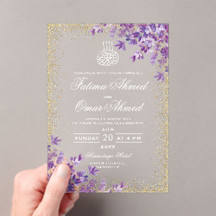 Gold Purple Violet Lavender Islamic Muslim Wedding Acrylic Invitations