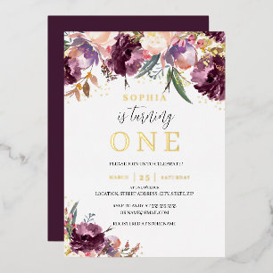 Gold Purple Watercolor Floral Girl 1st Birthday  F