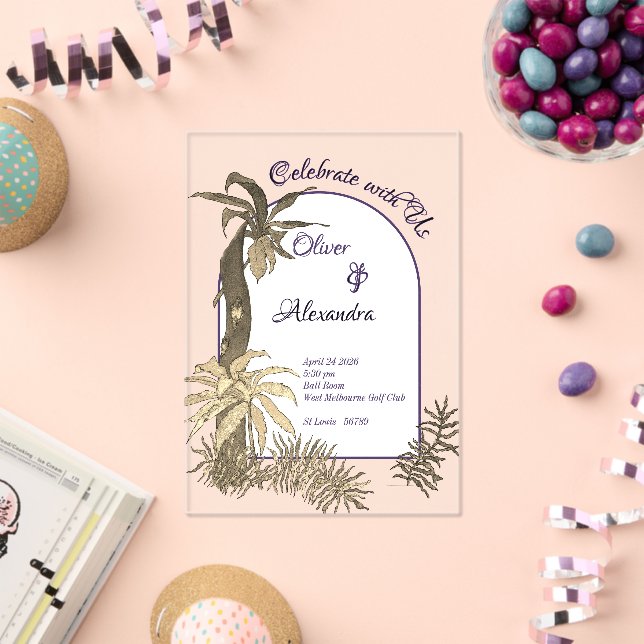 Gold & Purple Watercolor Rainforest Wedding  Acrylic Invitations (Insitu (Celebration))
