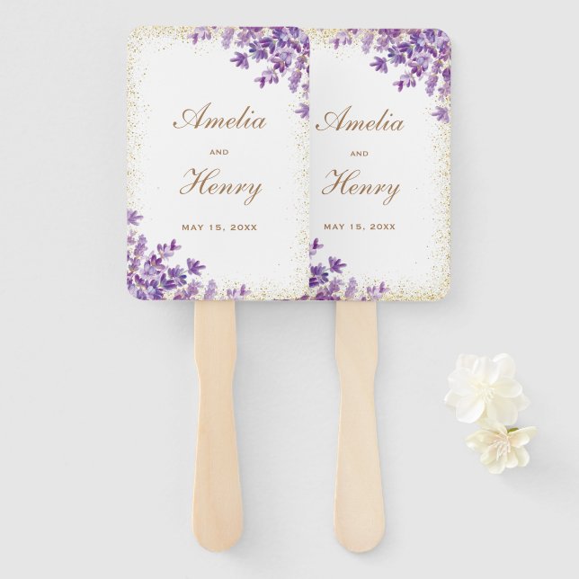 Gold Purple Watercolor Violet Lavender Wedding  Hand Fan (Front and Back)
