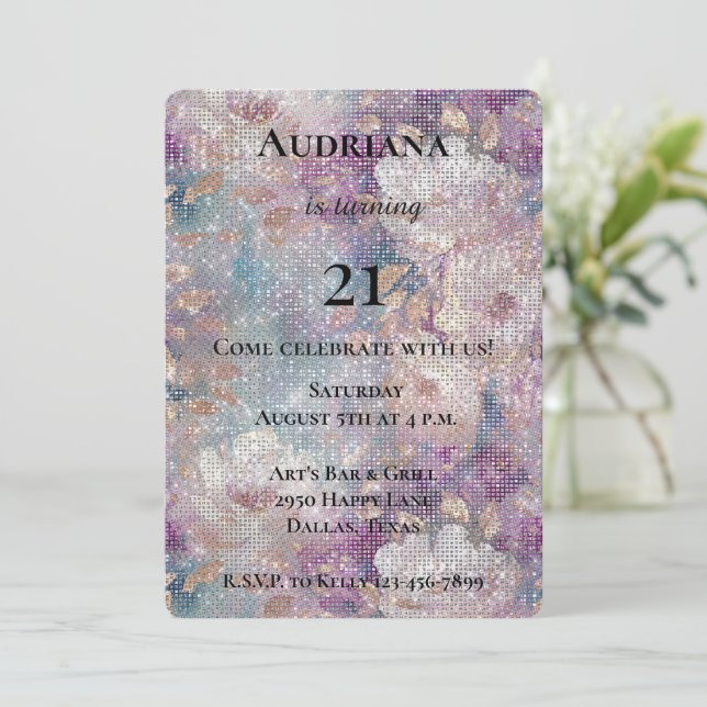 Gold Purple White Floral Sparkle Birthday   Invitation (Standing Front)