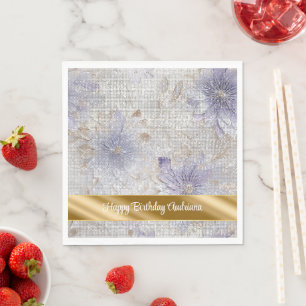 Gold Purple White Floral Sparkle Birthday Napkin