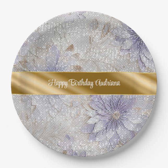 Gold Purple White Floral Sparkle Birthday Paper Plate (Front)