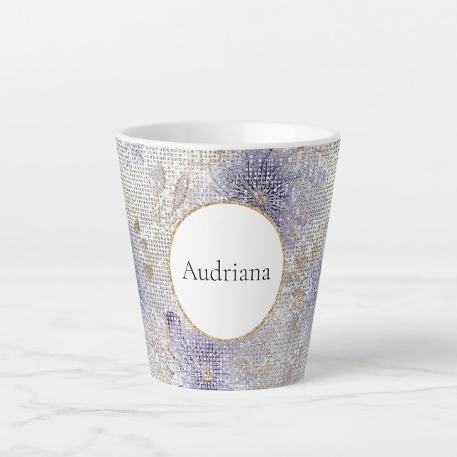 Gold Purple White Floral Sparkle   Latte Mug (Front)