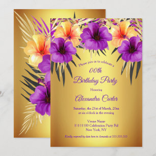 Gold Purple Yellow Hibiscus palms Birthday Party Invitation