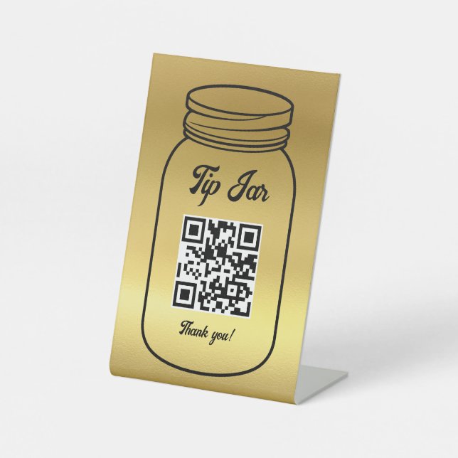 Gold QR Code Digital Tip Jar  Pedestal Sign (Front)
