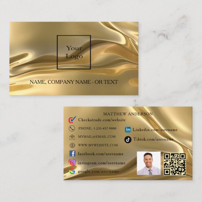 Gold qr code logo employee photo social media UK Business Card (Front/Back)