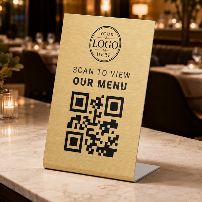 Gold QR Code Menu Tabletop Display Pedestal Sign (Creator Uploaded)