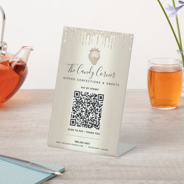 Gold QR Code Pay Here Strawberry Glitter Drips Pedestal Sign (In SItu)
