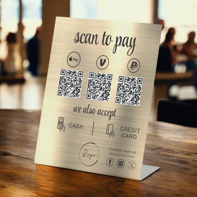 Gold QR Code Payment Scan to Pay Business Logo Pedestal Sign (Creator Uploaded)