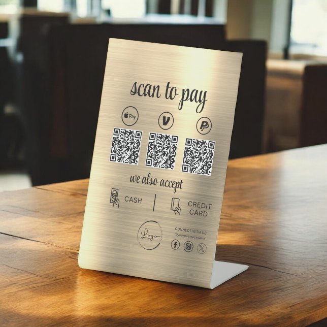Gold QR Code Payment Scan to Pay Business Logo Pedestal Sign (Creator Uploaded)