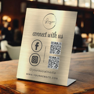 Gold QR Connect With Us Business Logo Social Media Pedestal Sign