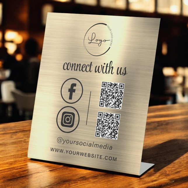 Gold QR Connect With Us Business Logo Social Media Pedestal Sign (Creator Uploaded)