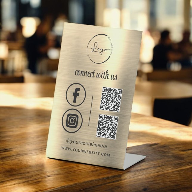 Gold QR Connect With Us Business Logo Social Media Pedestal Sign (Creator Uploaded)