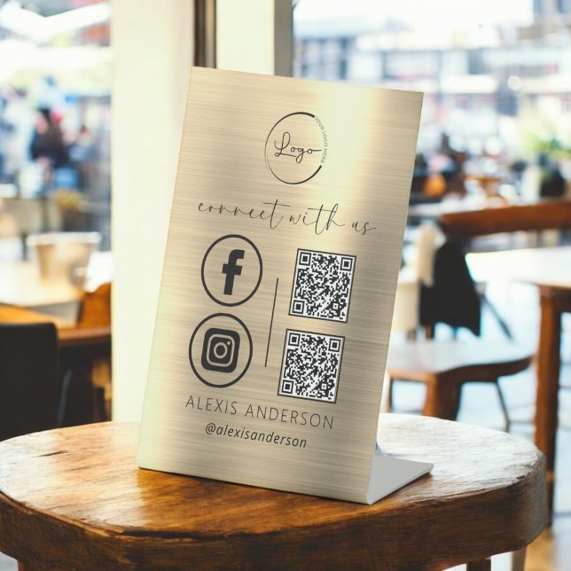 Gold QR Connect With Us Business Logo Social Media Pedestal Sign (Creator Uploaded)