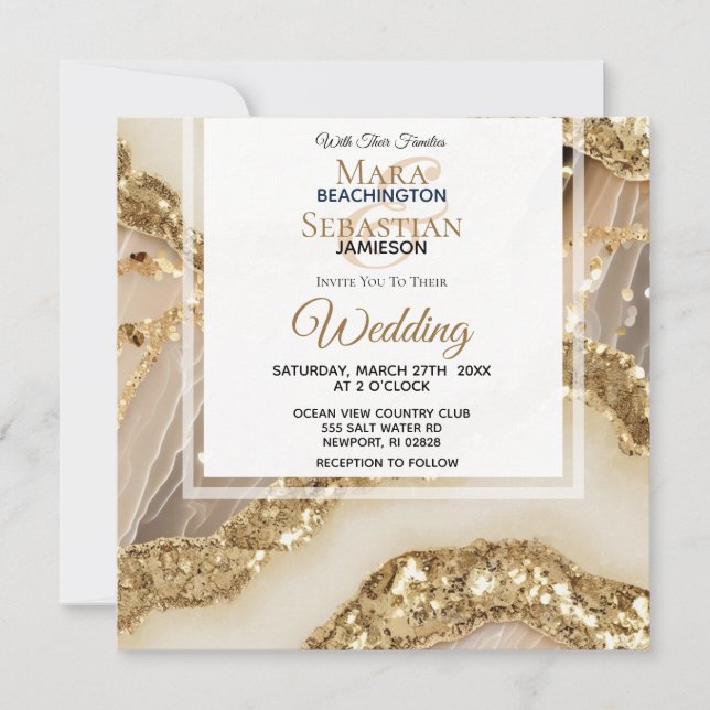 *~*GOLD QR IVORY GOLD Agate RSVP AR66 Wedding Invitation (Front)