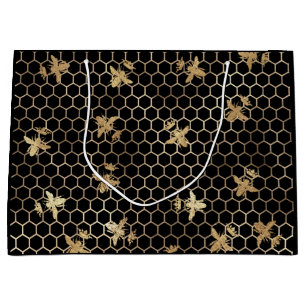 Gold Queen Bees and Honeycomb on Black Large Gift Bag