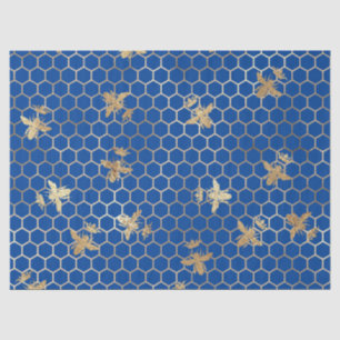 Gold Queen Bees and Honeycomb on Blue Decoupage Tissue Paper