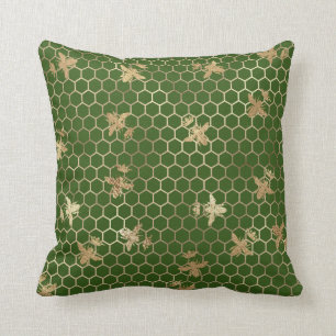 Gold Queen Bees and Honeycomb on Green Cushion