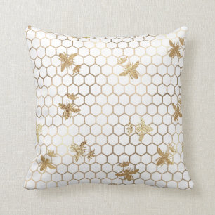 Gold Queen Bees and Honeycomb on White Cushion