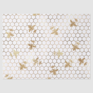 Gold Queen Bees and Honeycomb on White Decoupage Tissue Paper