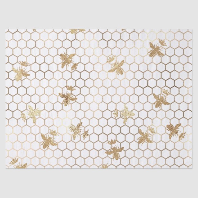 Gold Queen Bees and Honeycomb on White Decoupage Tissue Paper (Front)