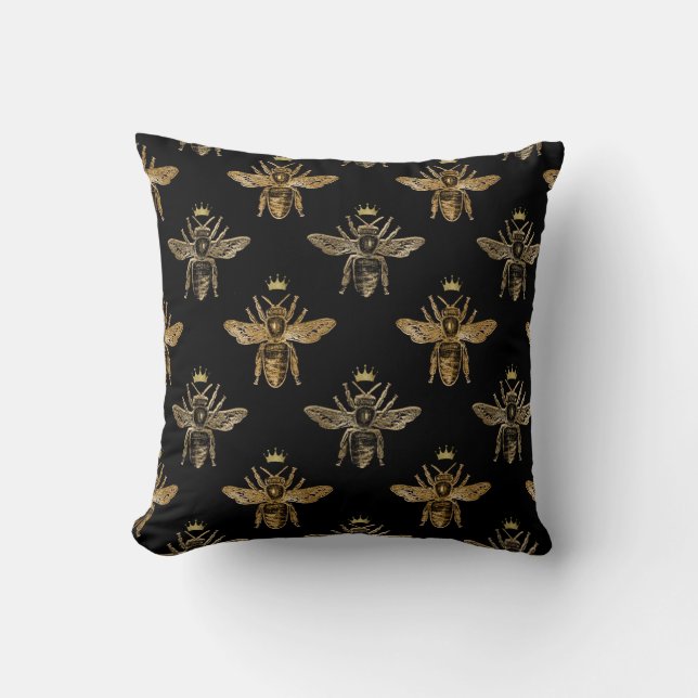 Gold Queen Bees on Black Cushion (Front)