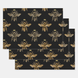 Gold Queen Bees on Black Wrapping Paper Sheet