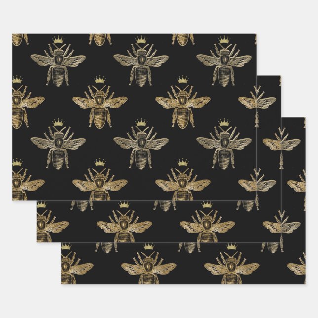 Gold Queen Bees on Black Wrapping Paper Sheet (Set)