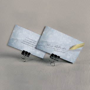 Gold Quill Feather Pen Handdrawn Line Blue Grunge Business Card