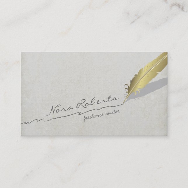 Gold Quill Feather Pen Handdrawn Line on Old Paper Business Card (Front)