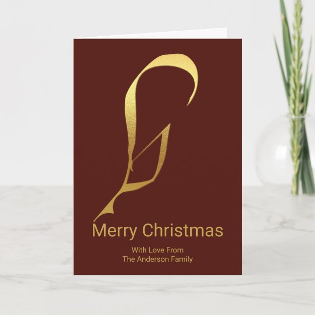 Gold Quill Feather Pen Writing Merry Christmas Card (Front)
