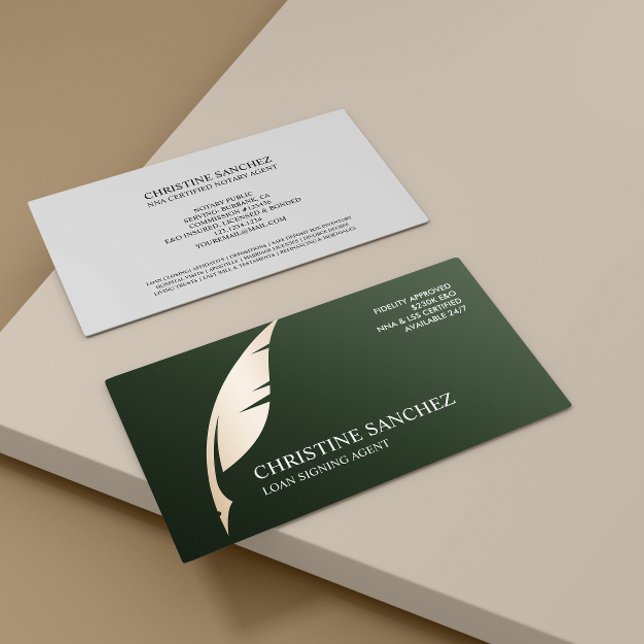 Gold Quill Pen GREEN PUBLIC NOTARY SINGNING AGENT  Business Card (Creator Uploaded)