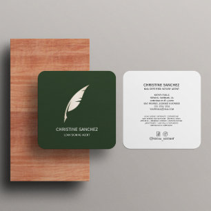 Gold Quill Pen MOBILE NOTARY SINGNING AGENT Green Square Business Card