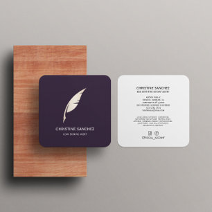 Gold Quill Pen MOBILE NOTARY SINGNING AGENT Purple Square Business Card