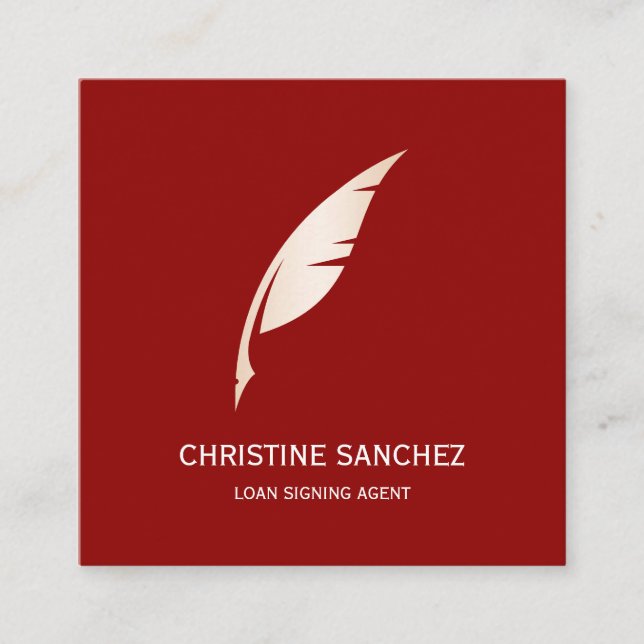 Gold Quill Pen MOBILE NOTARY SINGNING AGENT RED Square Business Card (Front)