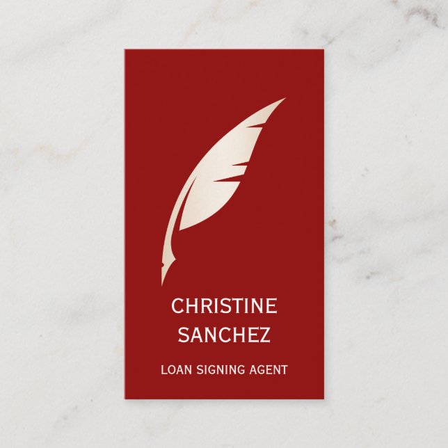 Gold Quill Pen PUBLIC NOTARY SINGNING AGENT red Business Card (Front)