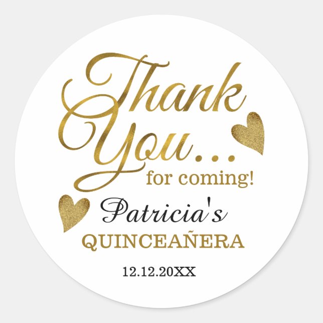 Gold  Quinceañera 15th Birthday Party Thank You Classic Round Sticker (Front)