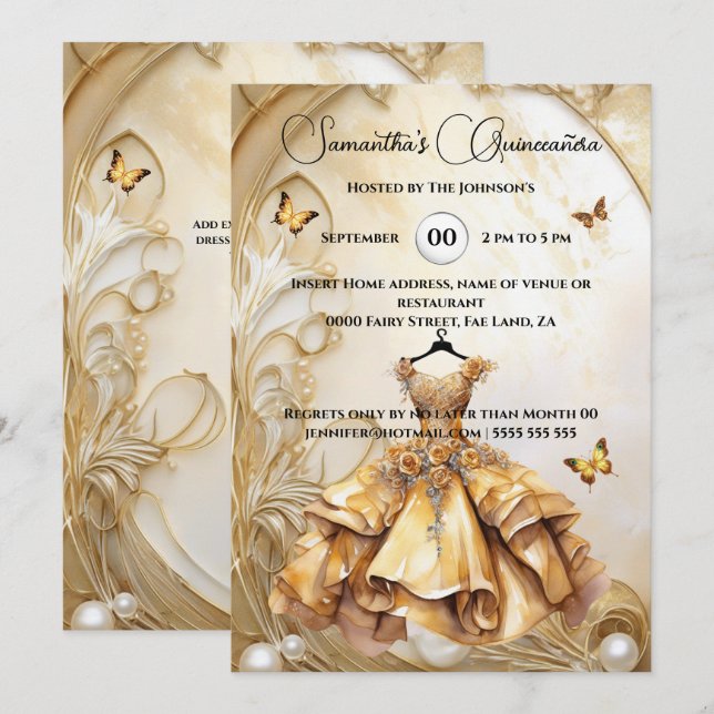 Gold Quinceañera ballgown luxurious floral pearl Invitation (Front/Back)