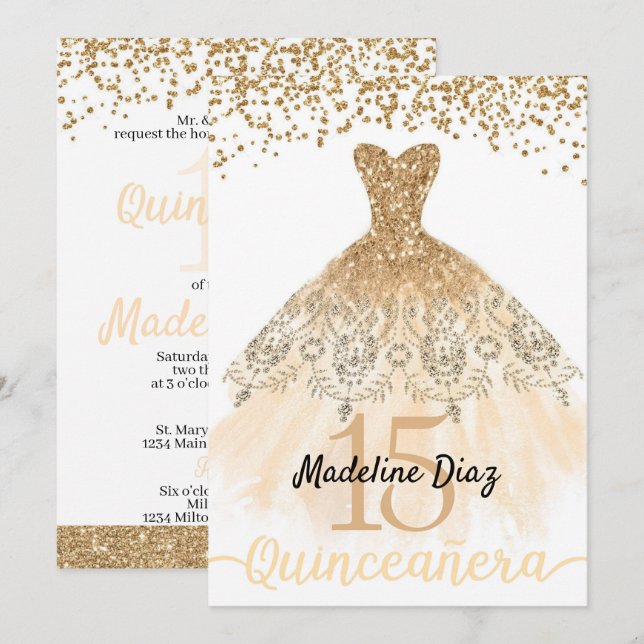 Gold Quinceanera Birthday Invitation Cumpleanos (Front/Back)