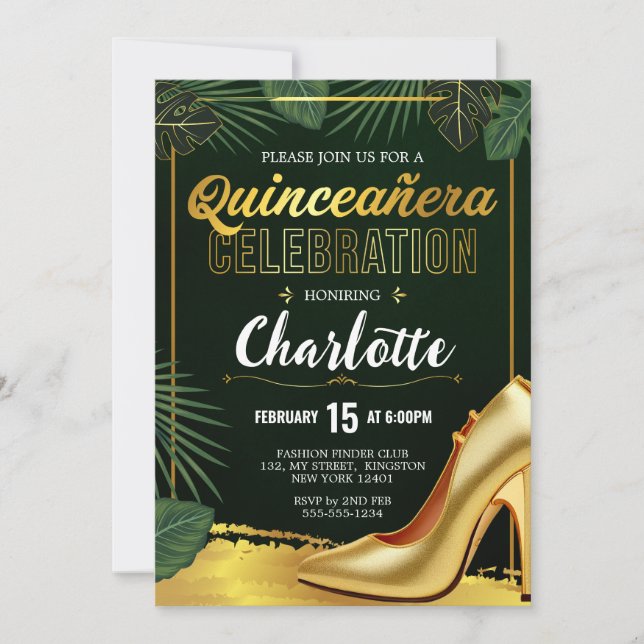 Gold Quinceanera Celebration Emerald Green Invitation (Front)