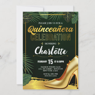 Gold Quinceanera Celebration Emerald Green Invitation