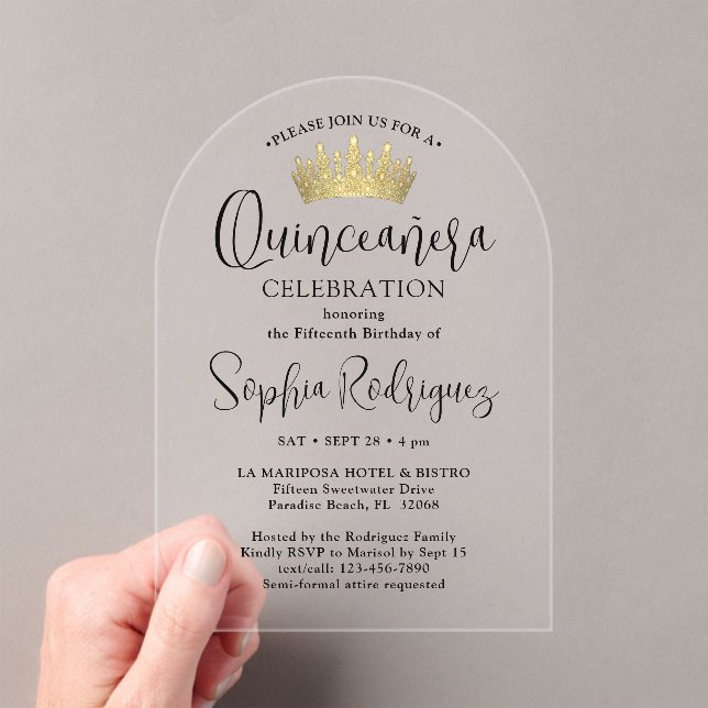 Gold Quinceañera Crown Chic Trendy Script Modern Acrylic Invitations (Insitu (Handheld))