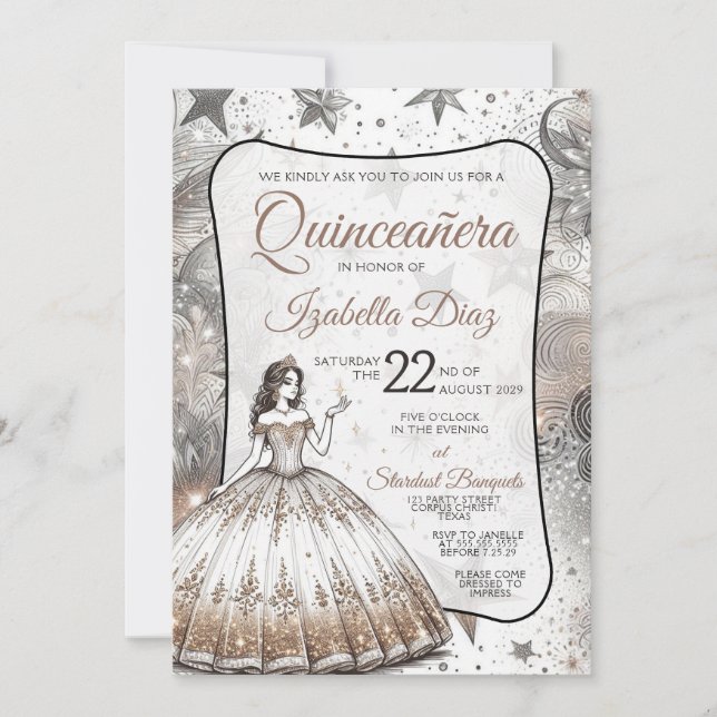 Gold Quinceañera Girl Invitation (Front)