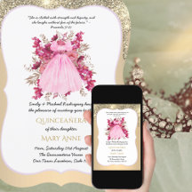 Gold Quinceañera Pink Floral Elegant Invitation